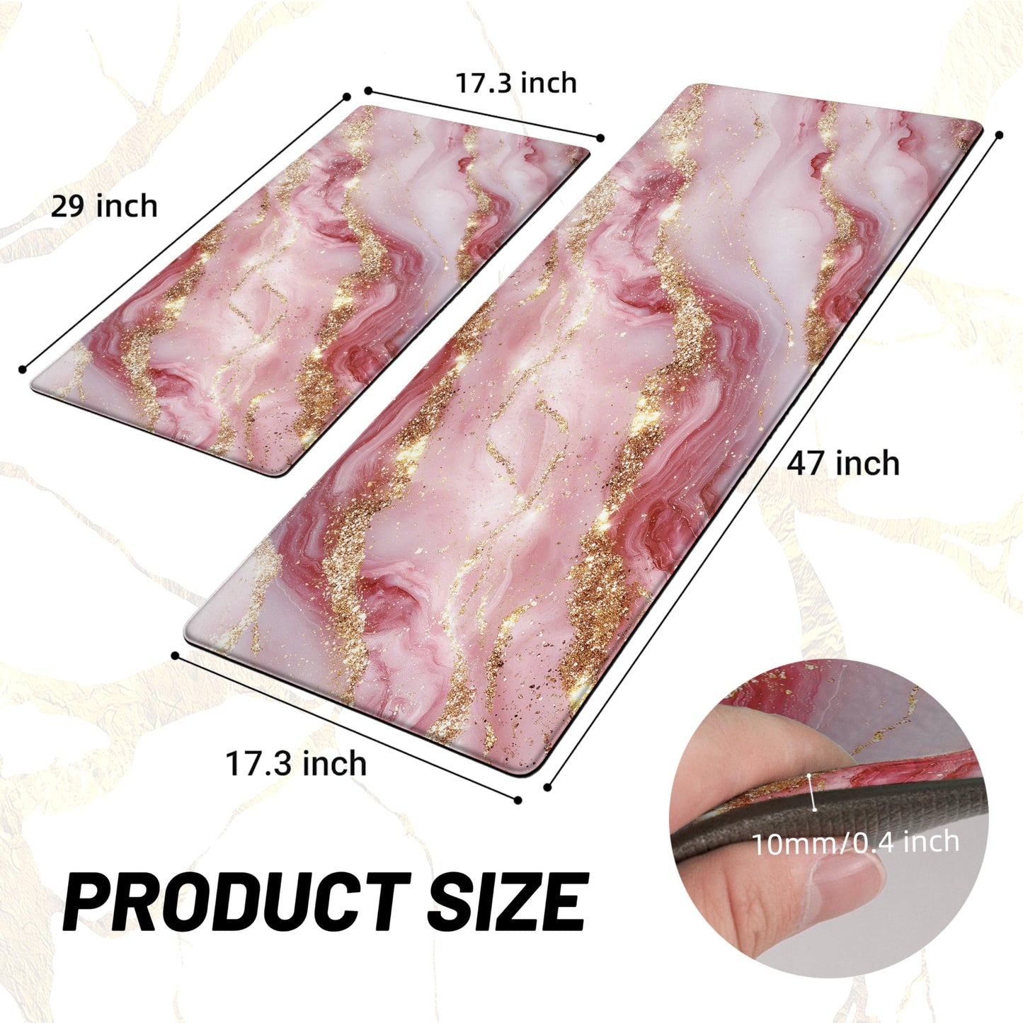 Tyrot Gold Pink Kitchen Mats for Floor 2 Pcs Modern Marble Anti Fatigue Mats for Kitchen Floor Mat PVC Non Slip Waterproof Kitchen Rugs for Kitchen Floor Sink Office Laundry 17.3"X28"+17.3"X47"