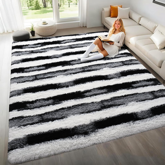 Woottpe Black and White Rugs for Living Room Bedroom, 4x6 Fluffy Soft Plush Area Rugs with Non-Slip Backing, Modern Striped Shag Fuzzy Carpets for Kids Playroom Nursery Dorms Home Decor