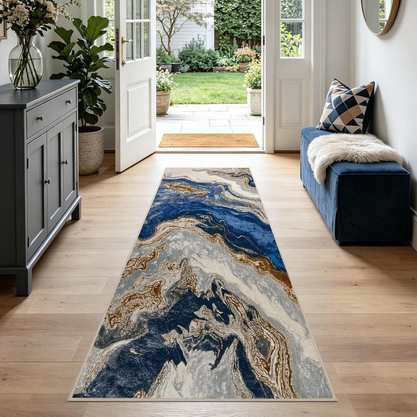 Joydeco Marble Swirl 2x6 Abstract Hallway Runner Rug, White&Blue&Gold