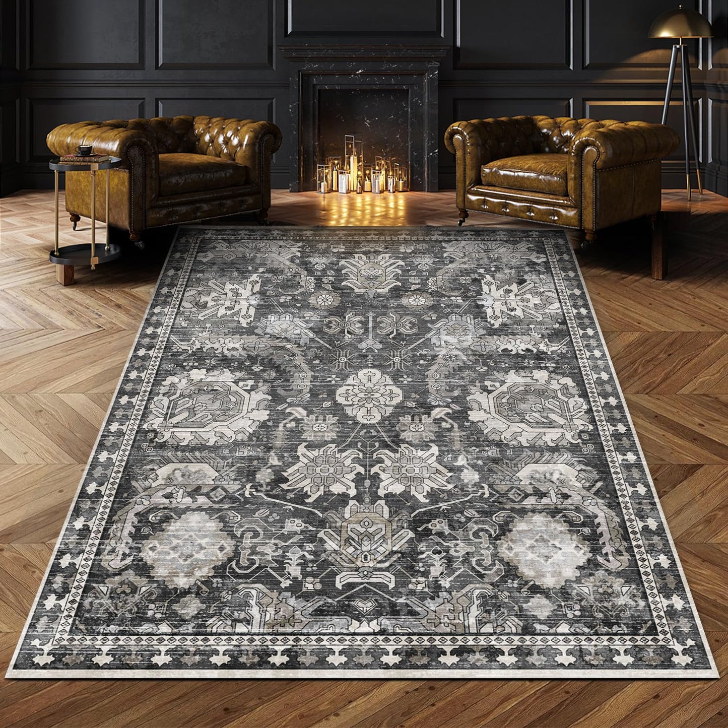 RUGSURE Washable Area Rugs - Perfect for Living Room, Bedroom, Kids Room, Nursery - Stain & Water Resistant Non-Slip, Pet & Child Friendly, Vintage Tribal Area Rugs (Grey, 3' x 5 ')