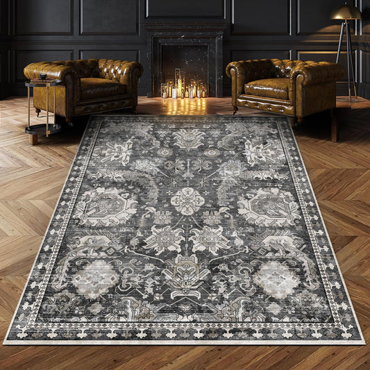 RUGSURE Washable Area Rugs - Perfect for Living Room, Bedroom, Kids Room, Nursery - Stain & Water Resistant Non-Slip, Pet & Child Friendly, Vintage Tribal Area Rugs (Grey, 3' x 5 ')