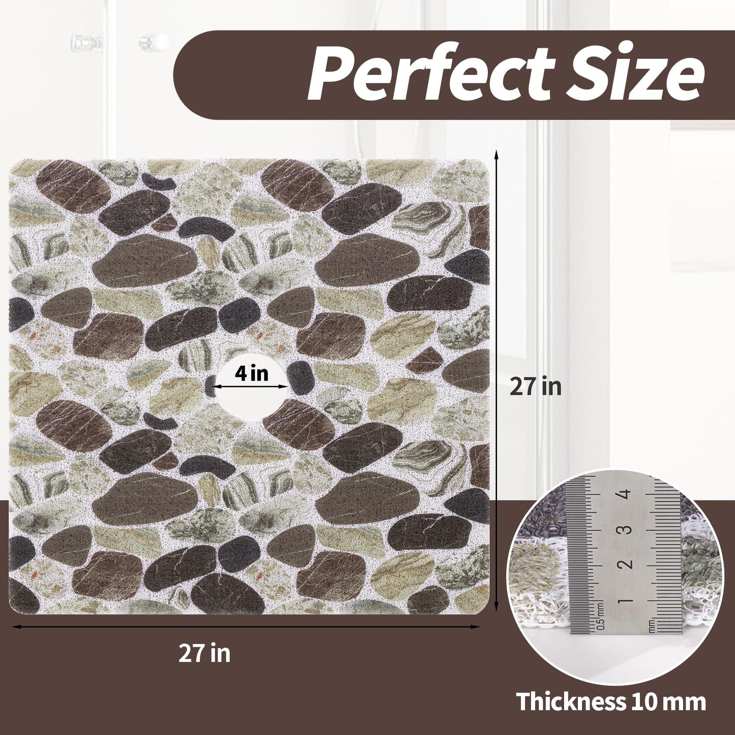 Hombys Non Slip Shower Mat 27x27 in, Shower Floor Mats with Drain Hole, Secure PVC Loofah Mat, Boho Coffee Pebble