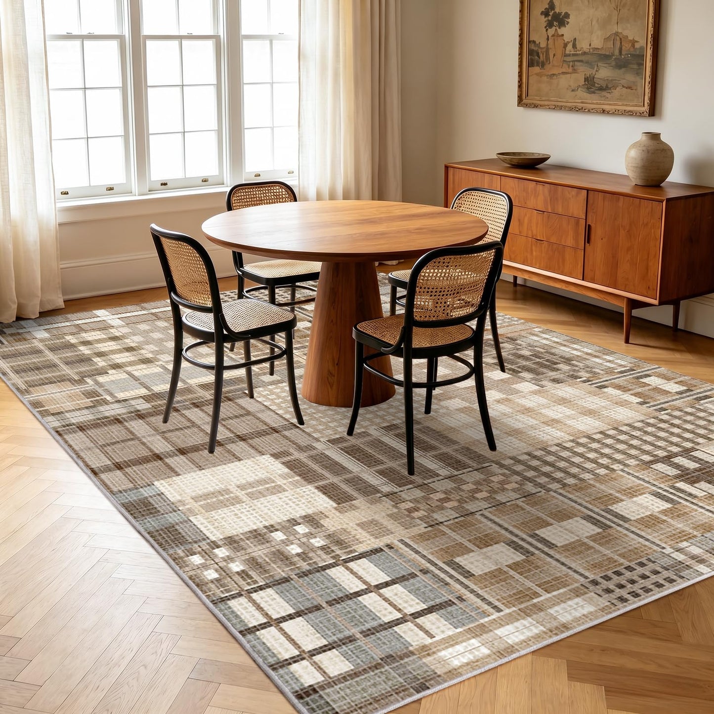 Rezutan Washable Rug 4x6 Plaid Rugs for Bedroom Non-Slip Neutral Floor Mat Indoor Soft Carpet Low Pile Foldable Thin Rugs for Living Room Dining Nursery Office, Caramel Beige Brown Gray