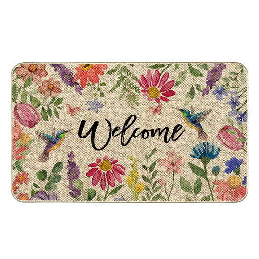 Tikeciti Spring Summer Hummingbird Flower Welcome Doormat, Vibrant Wildfloral Doormats Seasonal Front Door Mat Non-Slip Entrance Mat Low Profile Kitchen Floor Rug Decor for Home Patio 17 x 29 Inch