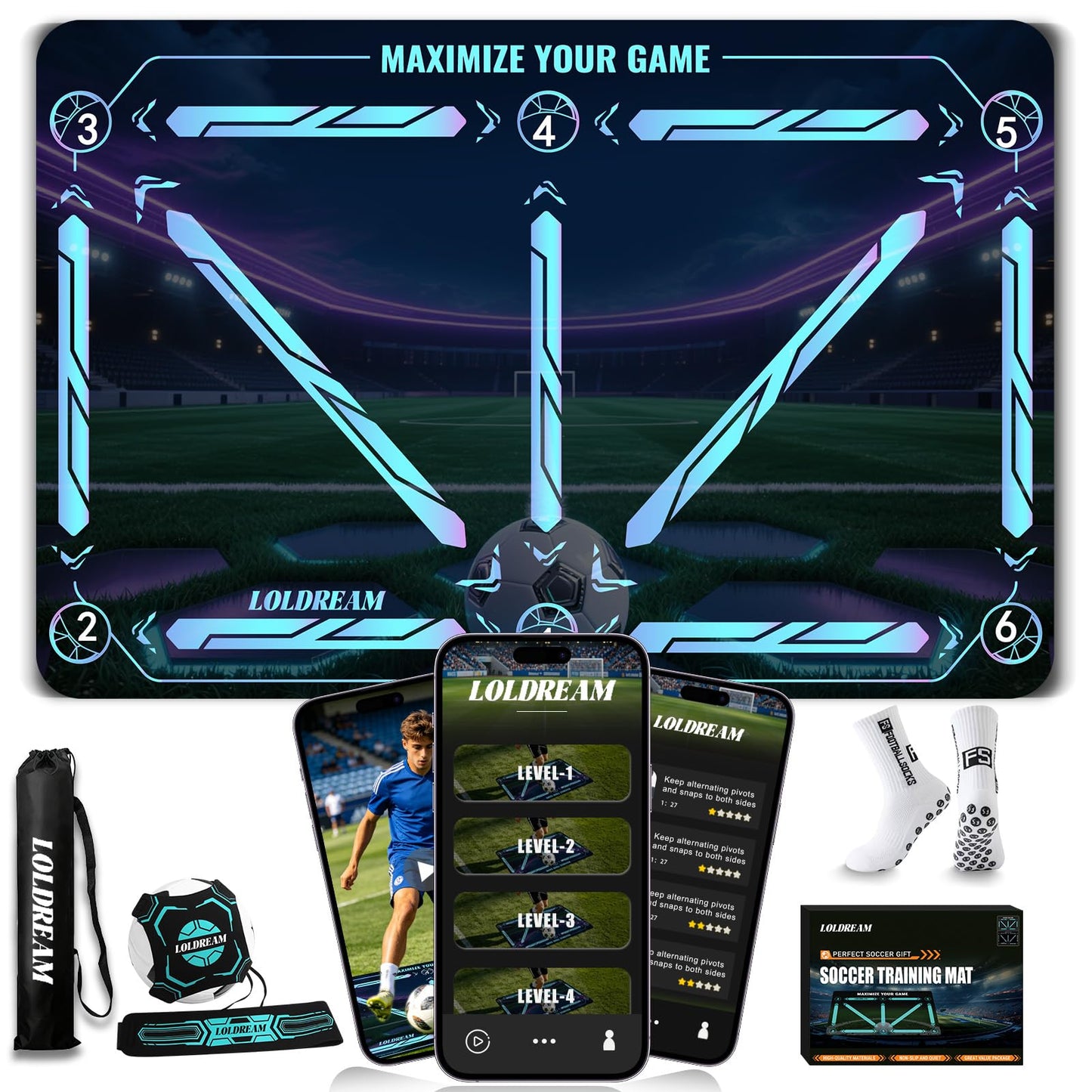 Soccer Training Mat With Technique Video Soccer Training Equipment Includes Football Trainer And Grip Socks Soccer Gifts Improve Coordination Anti-Slip Silent Absorption Mat For Footwork Training