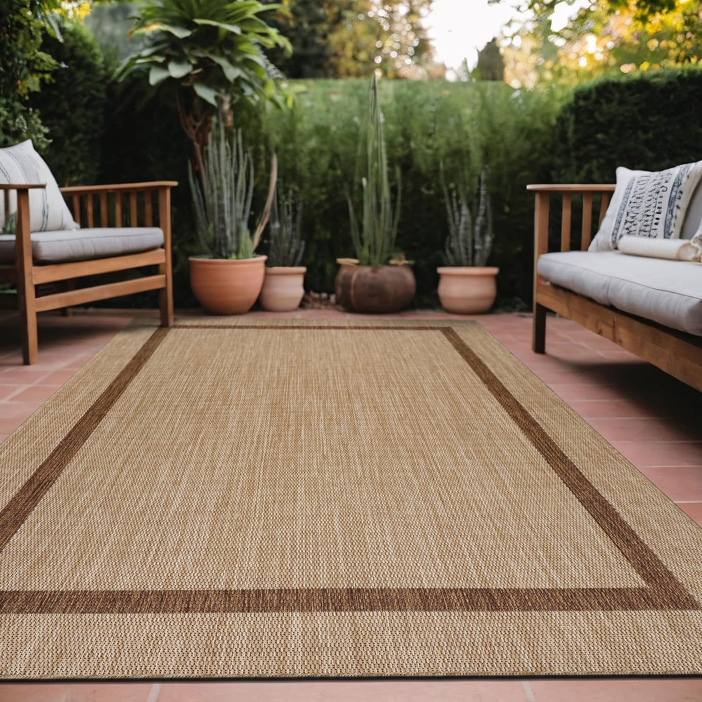 Luul Home Bordered Outdoor Rug 6x9 Washable Outside Carpet for Indoor Patio Porch Waterproof Easy Cleaning Non Shedding Area Rugs Jute Beige - Nut Brown 6 x 9