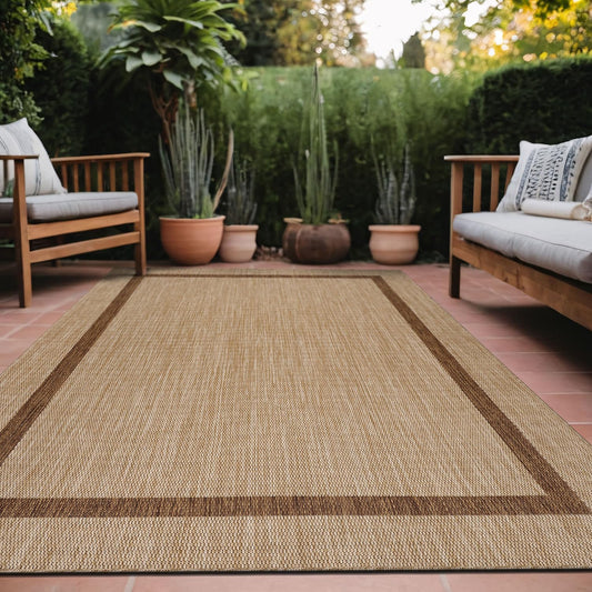 Luul Home Bordered Outdoor Rug 6x9 Washable Outside Carpet for Indoor Patio Porch Waterproof Easy Cleaning Non Shedding Area Rugs Jute Beige - Nut Brown 6 x 9