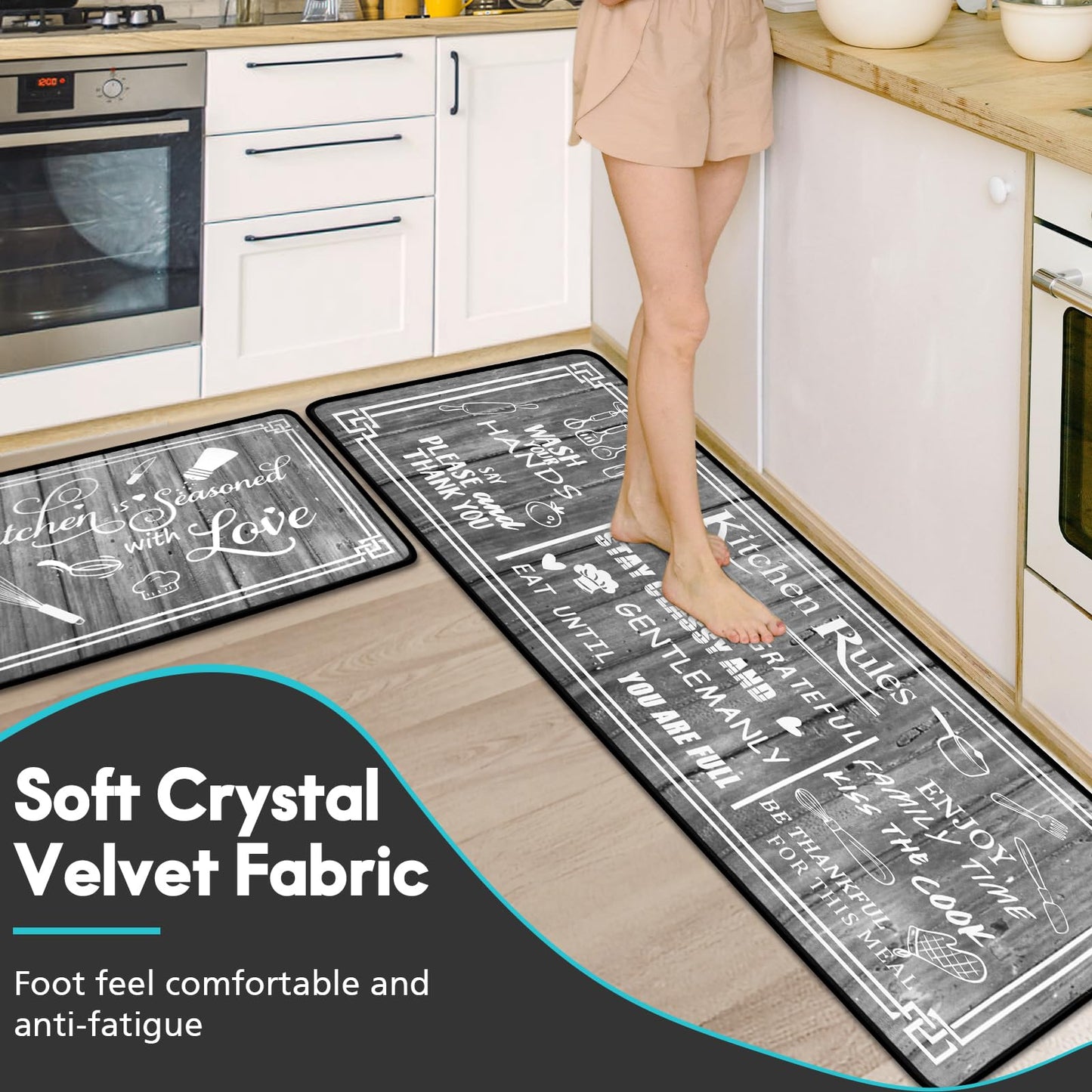 Kitchen Rug Sets of 2 Piece Non Slip Kitchen Rugs and Mats Washable Kitchen Mats for Floor Kitchen Carpet Runner Rugs Decor for Laundry Bathroom Living Room,Grey Kitchen Rules 20"x 59"+20"x 32"
