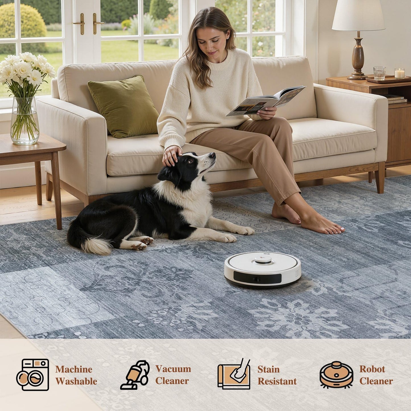 UERMEI 8x10 Area Rug Washable, Blue Modern Geometric Rugs for Living Room, Non-Slip Patchwork Carpet, Stain Resistant Low-Pile Foldable Rug for Bedroom Dining Room