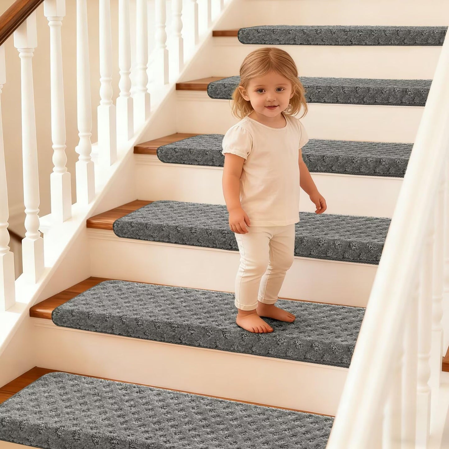 DEXDE Bullnose Carpet Stair Treads Non Slip for Wooden Steps Indoor, 30" x 9.5" x 1.7" (14 Pack) Grey - Peel and Stick Stair Runner Rugs with Edge Protection, Washable & Reusable Pet Friendly Mats