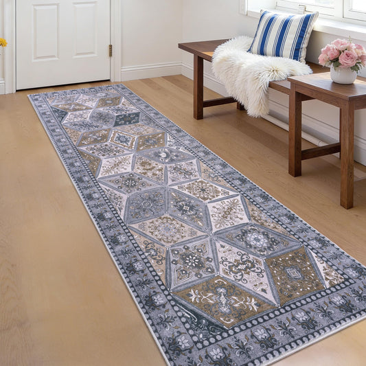 QDUIDU Moroccan 2x6 Runner Rug, Vintage Distressed Boho Floral Geometric Patchwork Washable Non Slip Throw Floor Long Carpet Runner for Hallway Entryway Kitchen Bathroom Bedroom Livingroom, Dark Grey