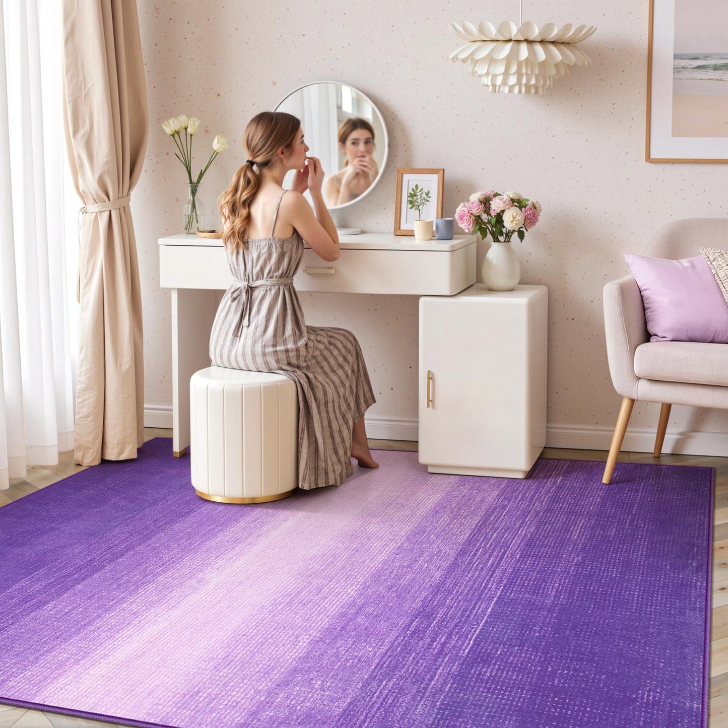 Wonnitar Modern Ombre Washable Rugs 5x7 for Bedroom, Non-Slip Purple Large Living Room Area Rug, Non-Shedding Abstract Low Pile Nursery Rug Soft Floor Carpet for Bedside Dorm (Purple, 5'x7')