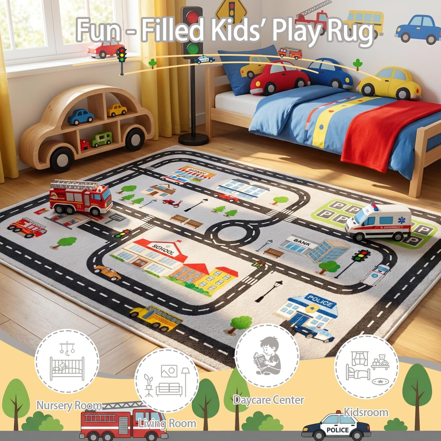 5'x7' Car Rug Play Mat for Kids Toy Cars, Faux Wool Road Rug Car Track Playmat Educational City Map Washable Carpet for Boy Playroom Bedroom Nursery, Non Slip Kids Area Rug for Children Toddler