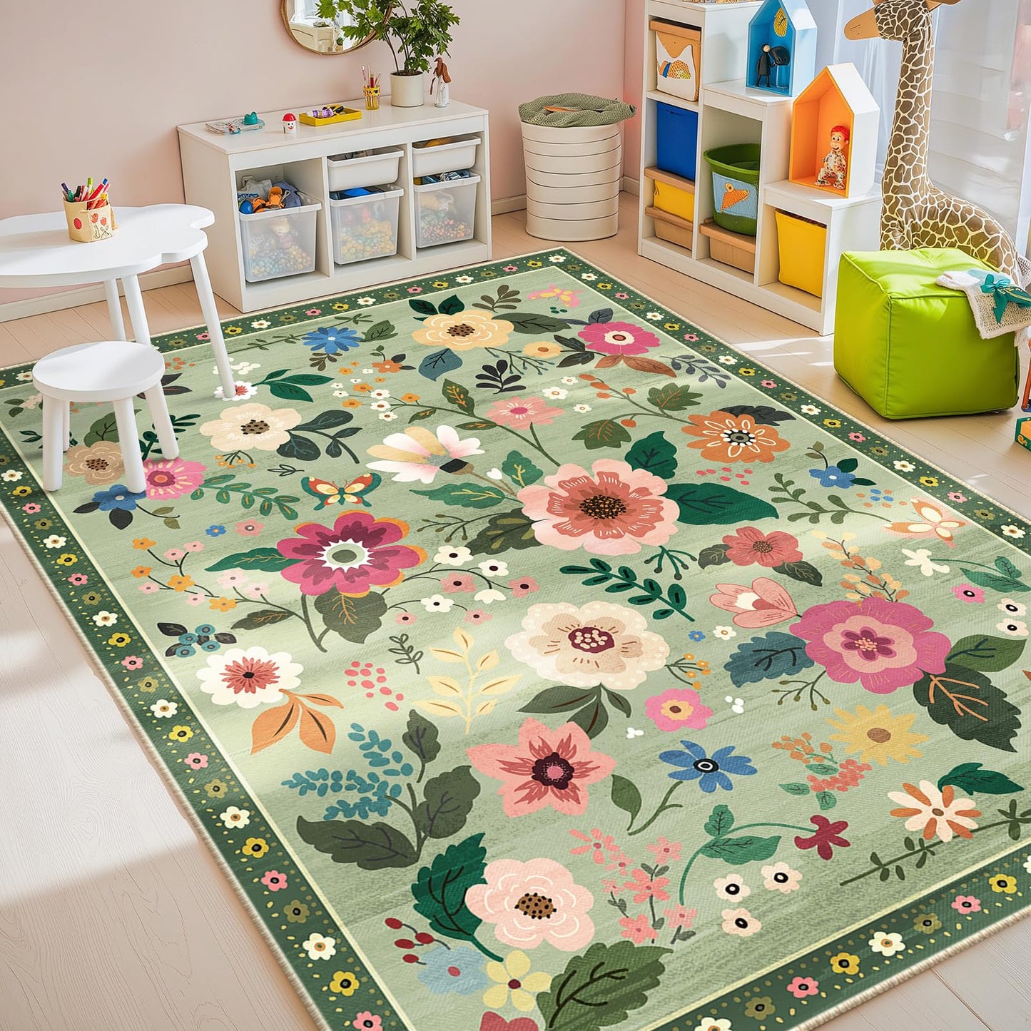 RELEANY Floral 5x7 Area Rugs Washable Print Boho Cute Carpet Non Slip Flower Low Pile for Living Room Bedroom Kitchen Office Farmhouse-Light Green