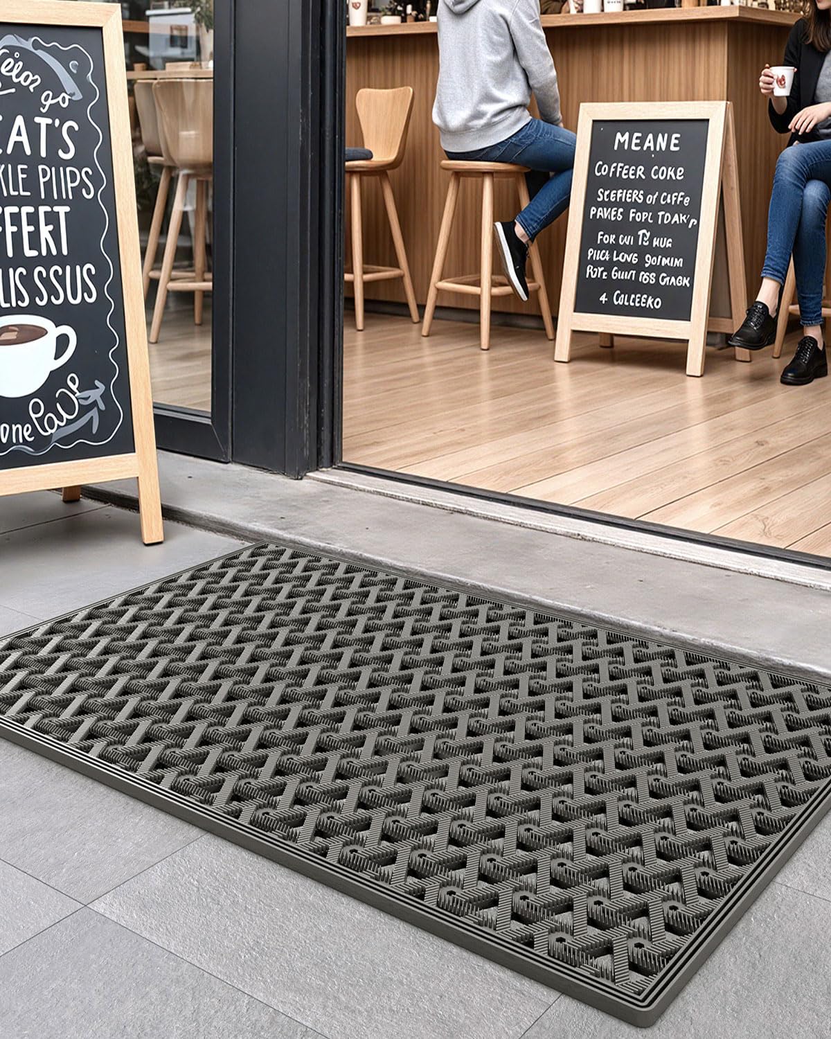 DEXI Front Door Mat Outside Entrance Rubber 24x36, Welcome Floor Doormat Heavy Duty Non Slip, Dirt Trapper Waterproof Exterior Entry Mats All Weather for Patio Entryway Drainage, Grey