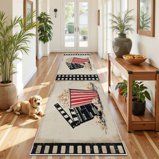 Vintage Movie Theater Runner Rug 2x6ft Black & White Clapperboard Film Theme Carpet, Non-Slip Long Hallway Entry Runner Rug for Nostalgic Retro Home Decor