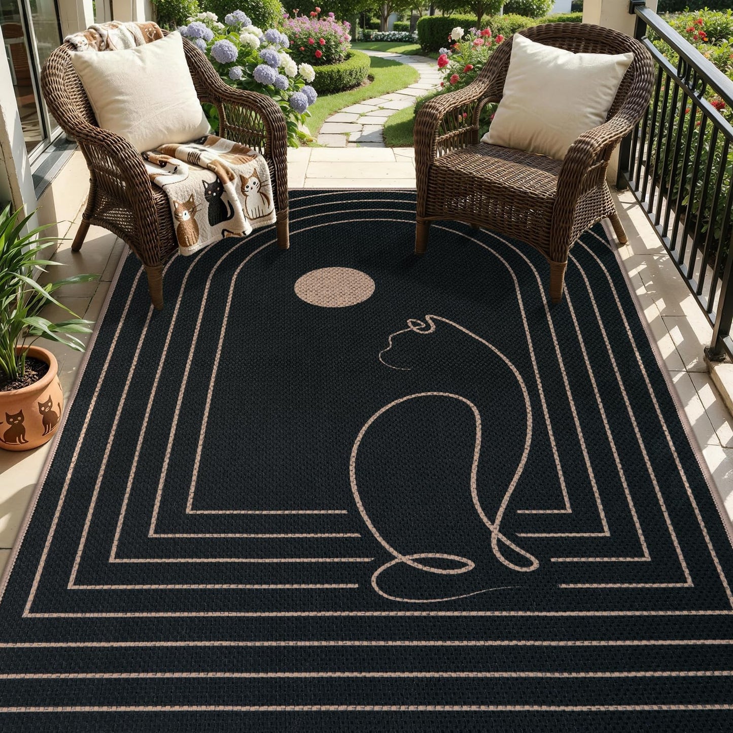 Tangsoo Modern Easy Jute 4x6 Washable Area Rug for Patio,Black Non-Slip Thin Outdoor Rug Farmhouse Indoor Floor Carpet,Cat Pattern Throw Mat for Front Porch Bedroom Balcony Sunroom