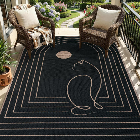 Tangsoo Modern Easy Jute 4x6 Washable Area Rug for Patio,Black Non-Slip Thin Outdoor Rug Farmhouse Indoor Floor Carpet,Cat Pattern Throw Mat for Front Porch Bedroom Balcony Sunroom