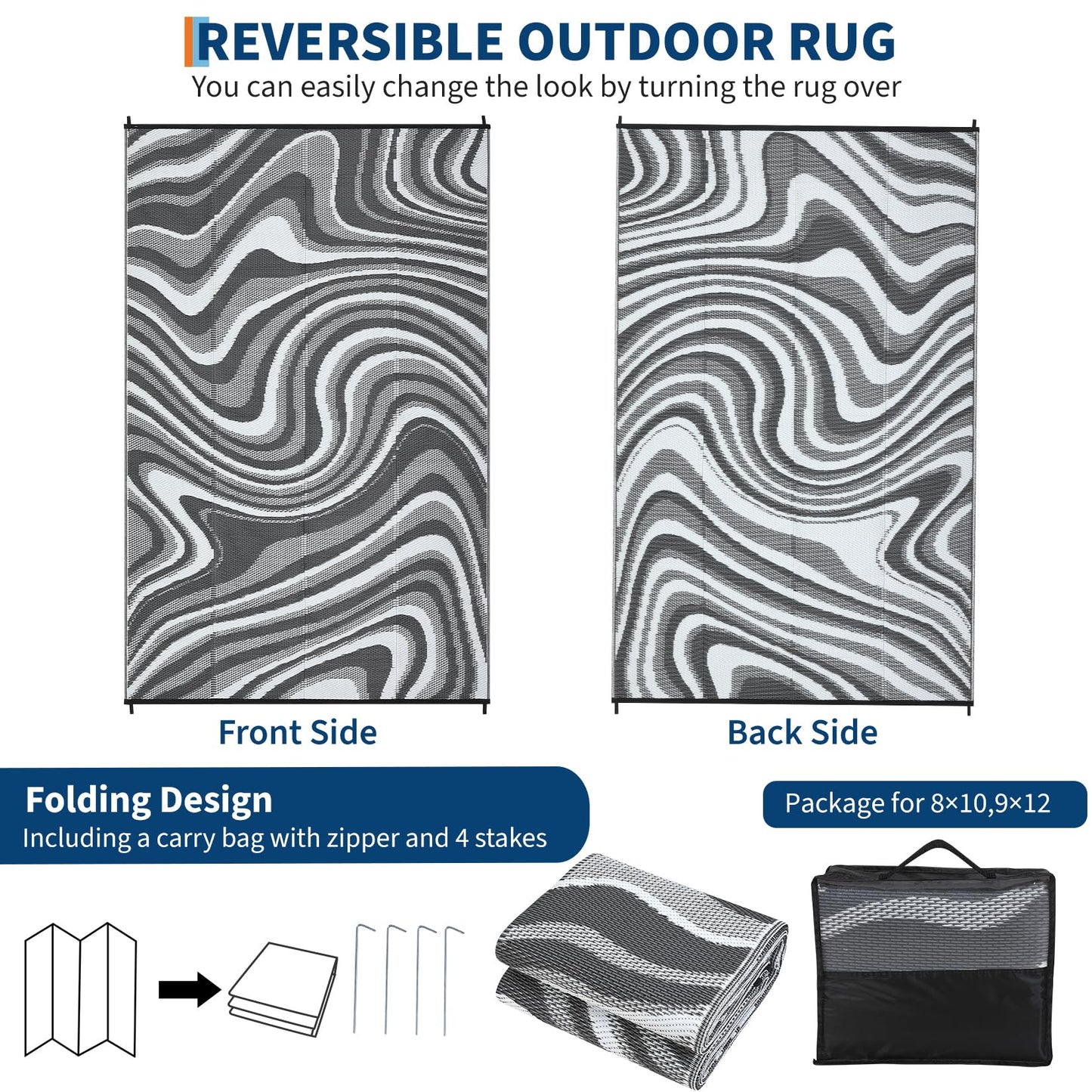 Garvee Waterproof Outdoor Rug for Camping 6x9 Abstract Outdoor Patio Rug Plastic Straw RV Rugs for Outside, Reversible UV Resistant Minimalist Mats for Picnic Backyard Deck Balcony, Black Grey