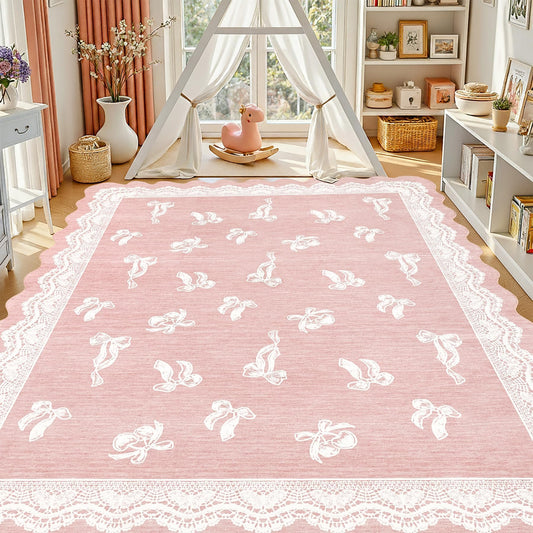 ORTIGIA 5x7 Scalloped Area Rug for Living Room, Pink Washable Low Pile Non Slip Rug with Bow Large Carpet for Girl Nursery Bedroom Playroom Dining Room Home Indoor Decor