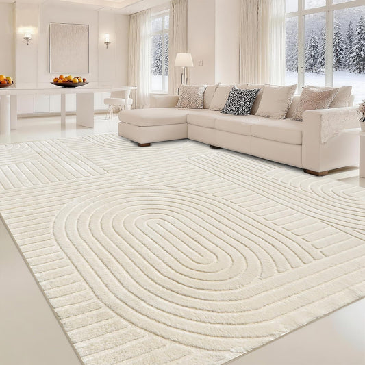 MATIIUI Beige Solid Area Rug 8x10 – Large Washable Soft Indoor Rugs for Living Room Bedroom, Modern Geometric Bohemian Pattern High-Low Pile Textured Carpet for House Apartment, Home Office Decor