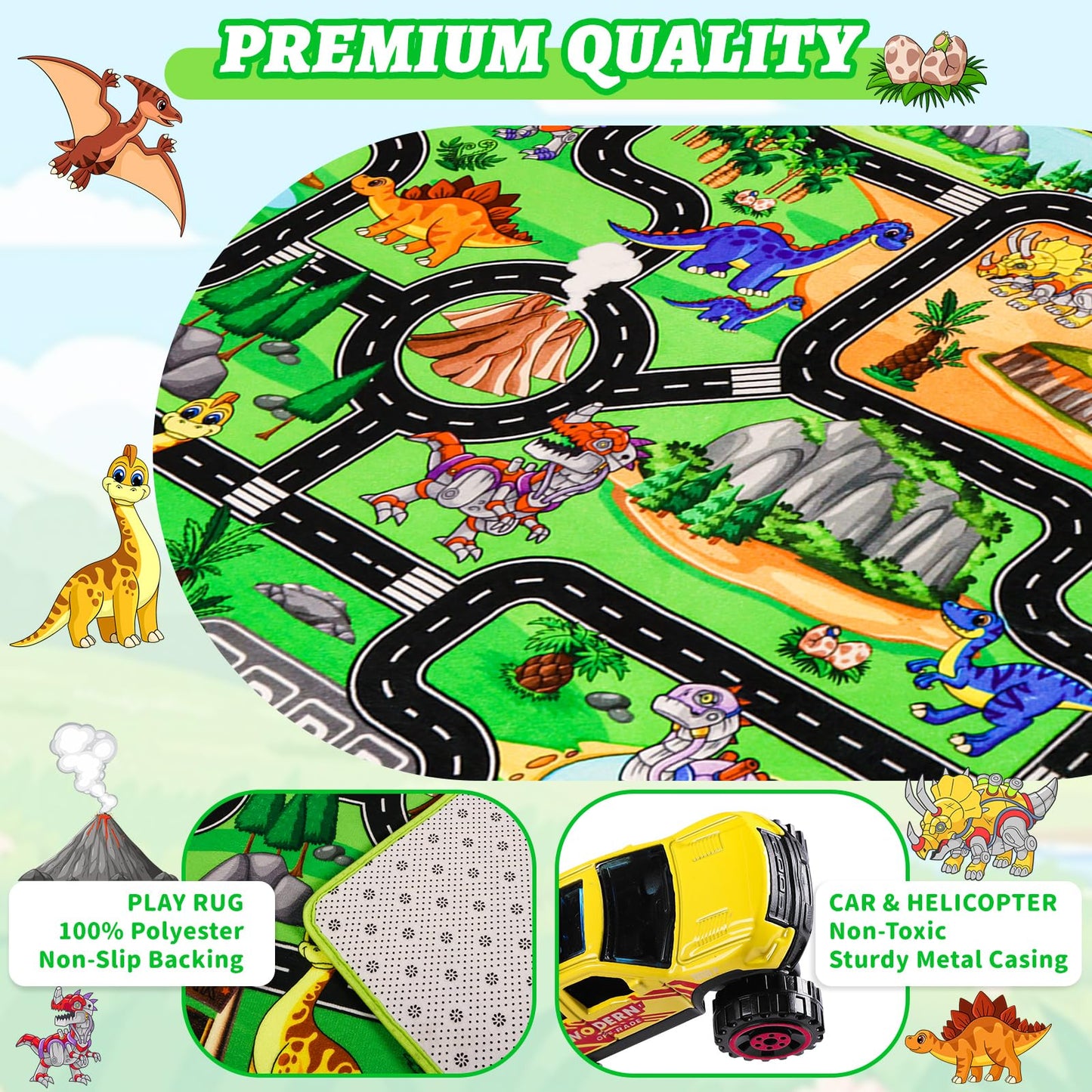 DINSUMRUG Dinosaur Play Rugs Gift Set, Jurassic Car Rug with 12 Metal Vehicles (6 Helicopters + 6 Pickup Trucks), 59"×39.4" Kids Car Play Mat, Dino Park Adventure Rug for Boys Girls 3-8 Years