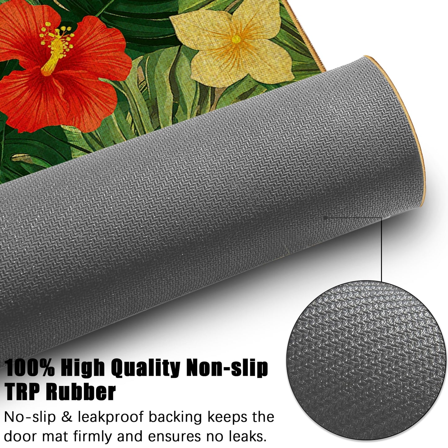 Tropical Palm Leaves Indoor Outdoor Door Mat,Hibiscus Flower Front Floor Mat Non-Slip Absorbent Low-Profile Washable Inside Entrance,Linen Sturdy Soft Entry Doormat for Entryway