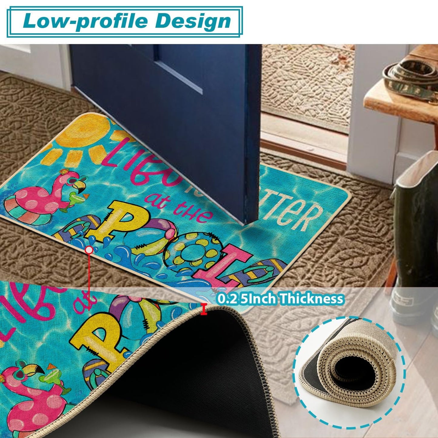 Baccessor Summer Pool Kitchen Rugs Set of 2, Poolside Tropical Flamingo Kitchen Mats Non-Slip Low Profile Seasonal for Floor Hallway Laundry Sink Patio Porch Home Decor 17x29 and 17x47 Inch