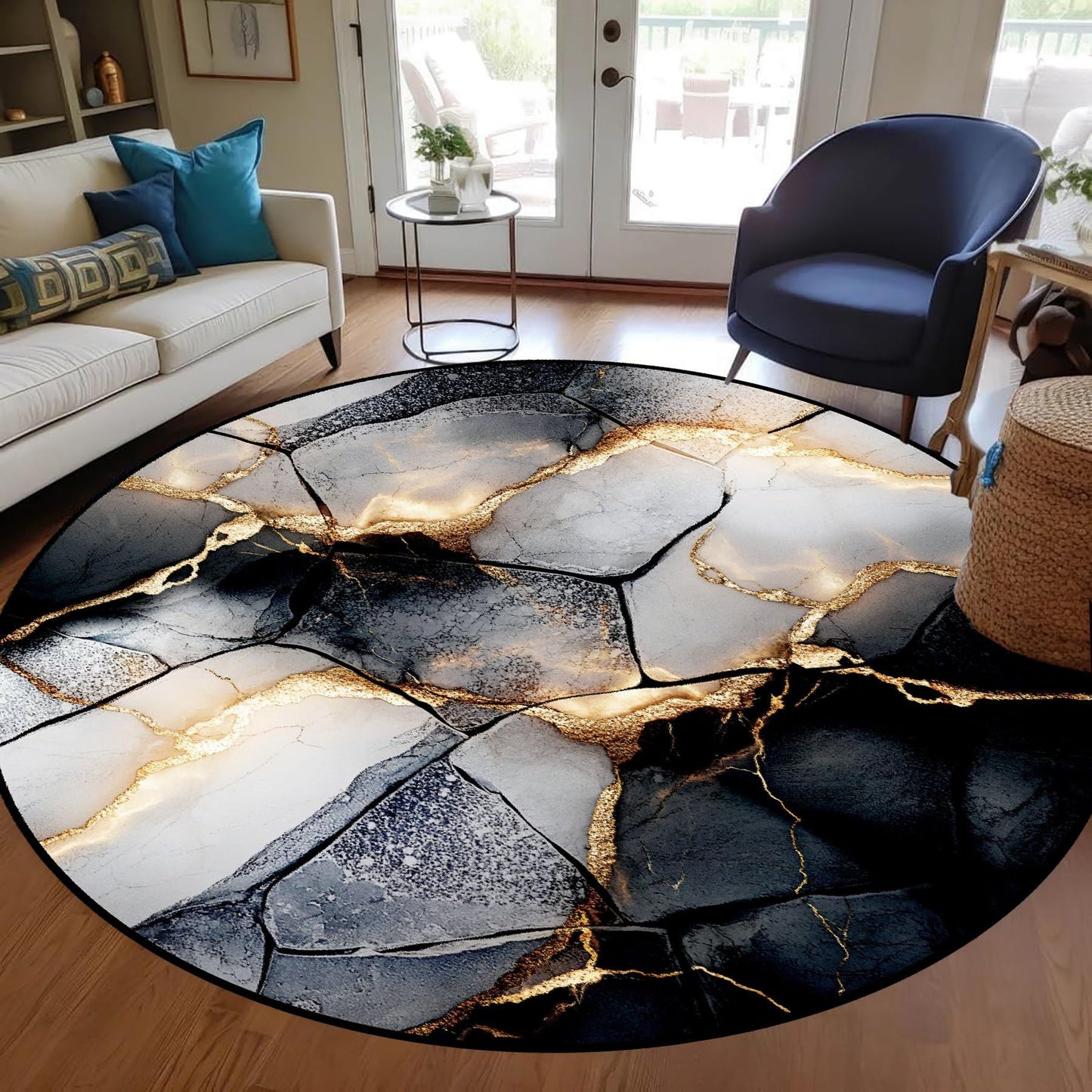 Modern Abstract Round Area Rug, 4ft Stylish Artistic Beautiful Gray Marble Design Indoor Floor Mat. Machine Washable, Non-Slip, and Shed-Resistant Low-Pile Circular Carpet for the Living Room