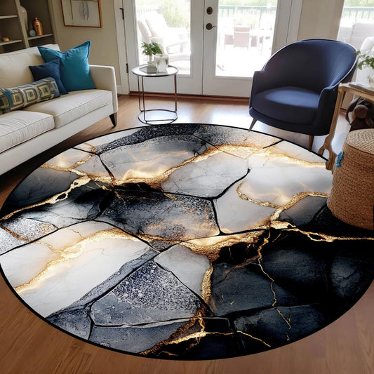 Modern Abstract Round Area Rug, 4ft Stylish Artistic Beautiful Gray Marble Design Indoor Floor Mat. Machine Washable, Non-Slip, and Shed-Resistant Low-Pile Circular Carpet for the Living Room