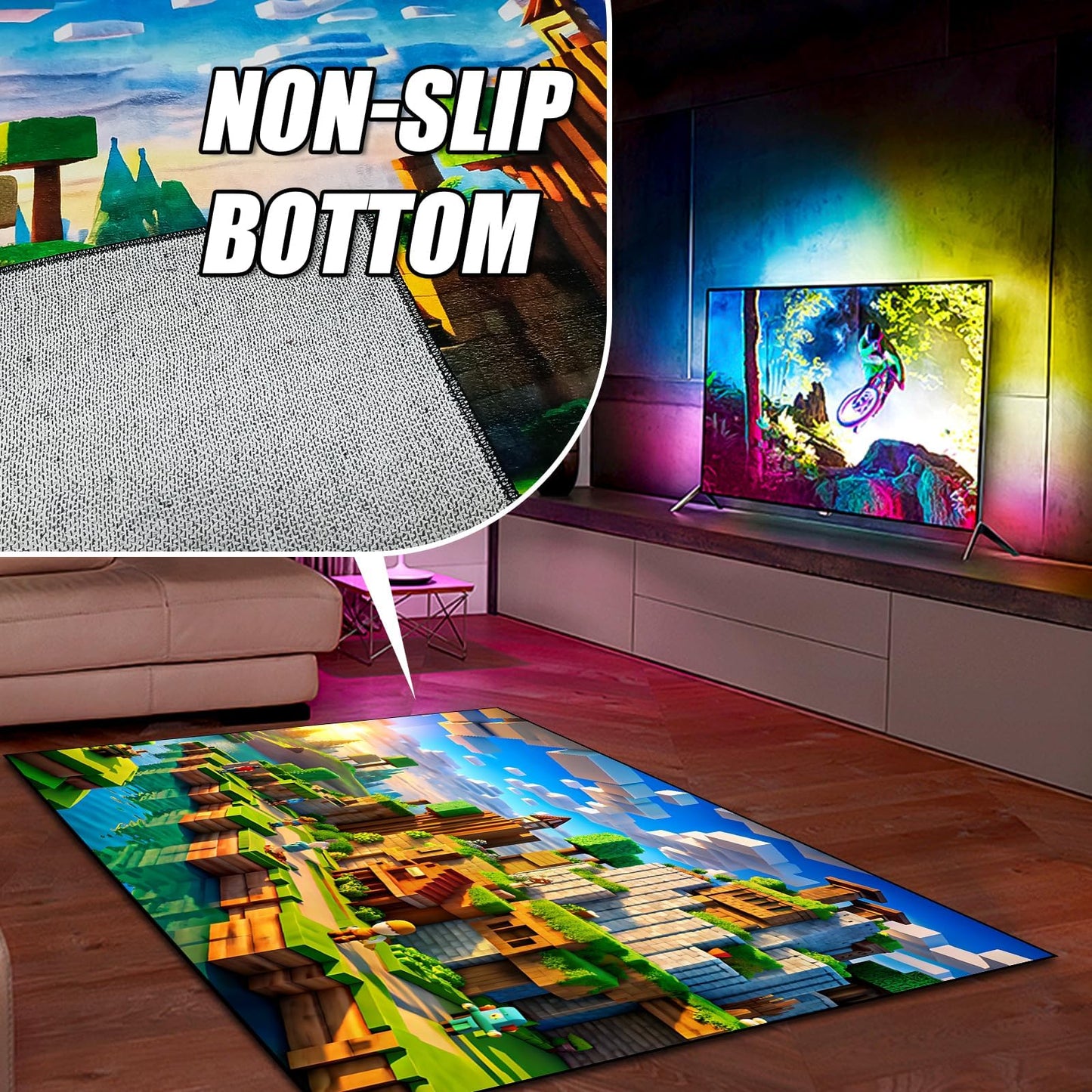Block Game Rug Teen Kids Carpet, Pixel Games Scene Decoration Mat, Washable Cube Block Game Rugs for Boy's Bedroom Living Room Playroom, Non-Slip Children Gaming Area Rugs, Green Village, 60" x 40"