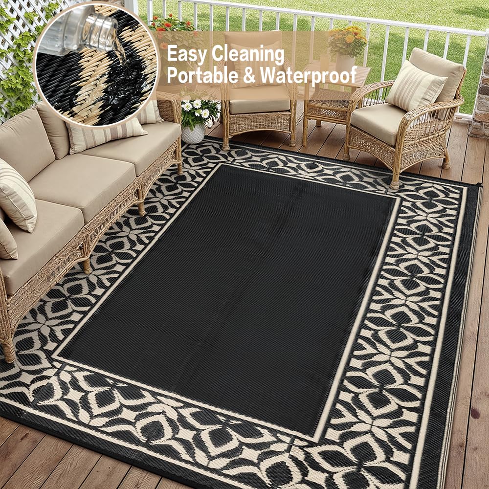 PureCozy Outdoor Plastic Straw Rug Black Beige Large Outside Waterproof Outdoor Patio 9x12 Carpet Geometric Reversible Mat Modern for Camping RV Porch Deck Balcony Beach