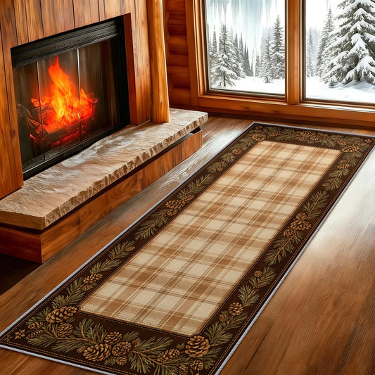 Rustic Cabin Runner Rug 2x10 Earth Tone Plaid Hallway Runner Rug, Pinecone Plaid Border Rugs, Western Rugs for Hallway, Non-Slip Washable Low Pile Entryway Carpet for Kitchen Living Room Bedroom