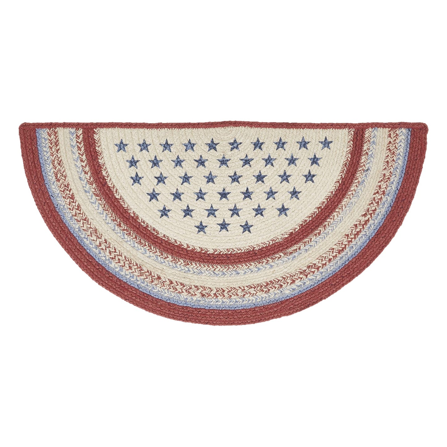 VHC Brands Celebration Braided Jute Rug, Non-Skid Pad, Half Circle Door Mat, Red Creme Blue, 16.5x33
