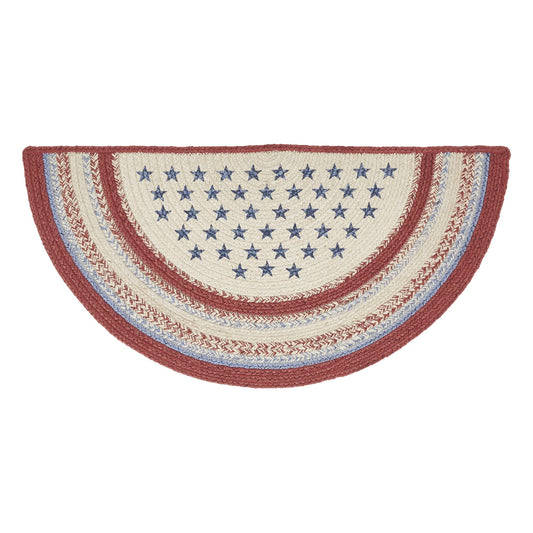 VHC Brands Celebration Braided Jute Rug, Non-Skid Pad, Half Circle Door Mat, Red Creme Blue, 16.5x33