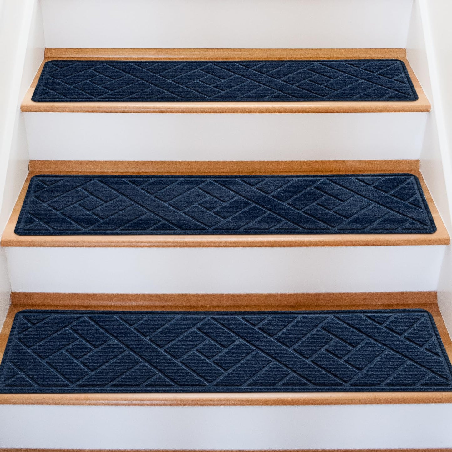 OXKVPVF Non-Slip Carpet Stair Treads for Indoor Wooden Steps, Made of Polyester and Reusable Adhesive, Suitable for Kids Elders and Pets of 15 Pack 8 "X 30" （Navy Lines）