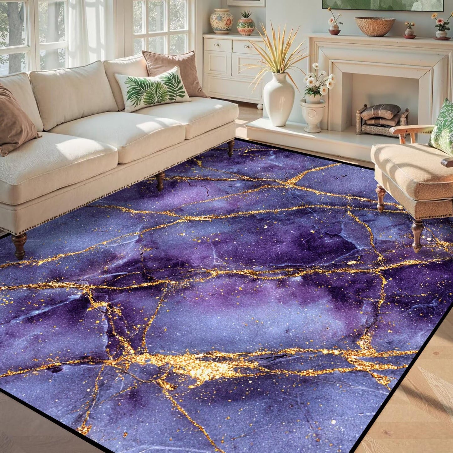 FUYEUN 6' x 9' Marble Area Rugs Morden Abstract Large Floor Throw Rug for Bedroom Dining Living Room Dorm Throw Carpet Doormat Home Decor Washable, 70" x 108", Purple and Gold