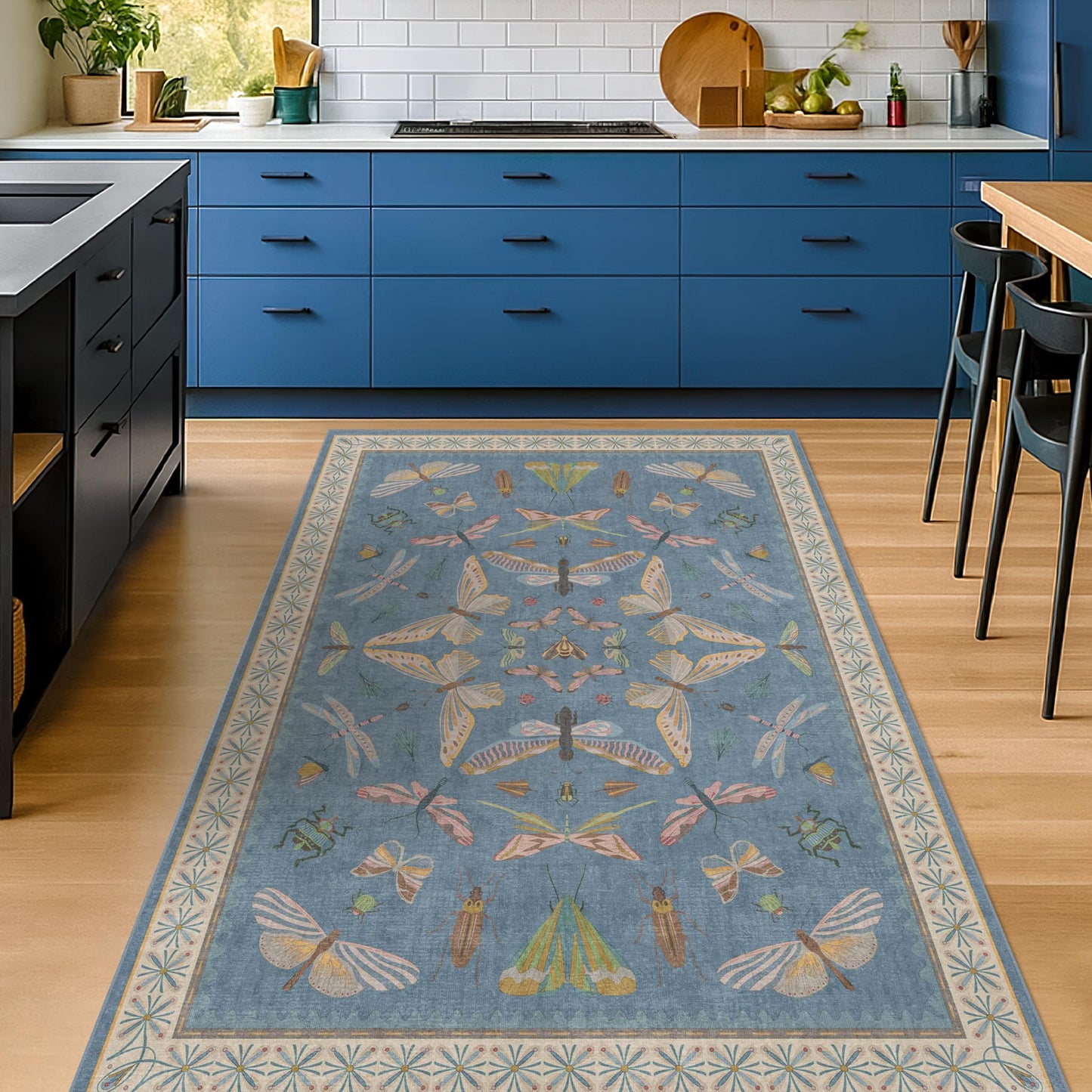 Washable 4x6 Small Rug for Living Room, Area Rug for Kitchen, Bedside, Large Entryway Indoor - Stain Resistant Non Slip with Rubber Backing, Insect Print Aethestic Décor, Light Blue & Aqua