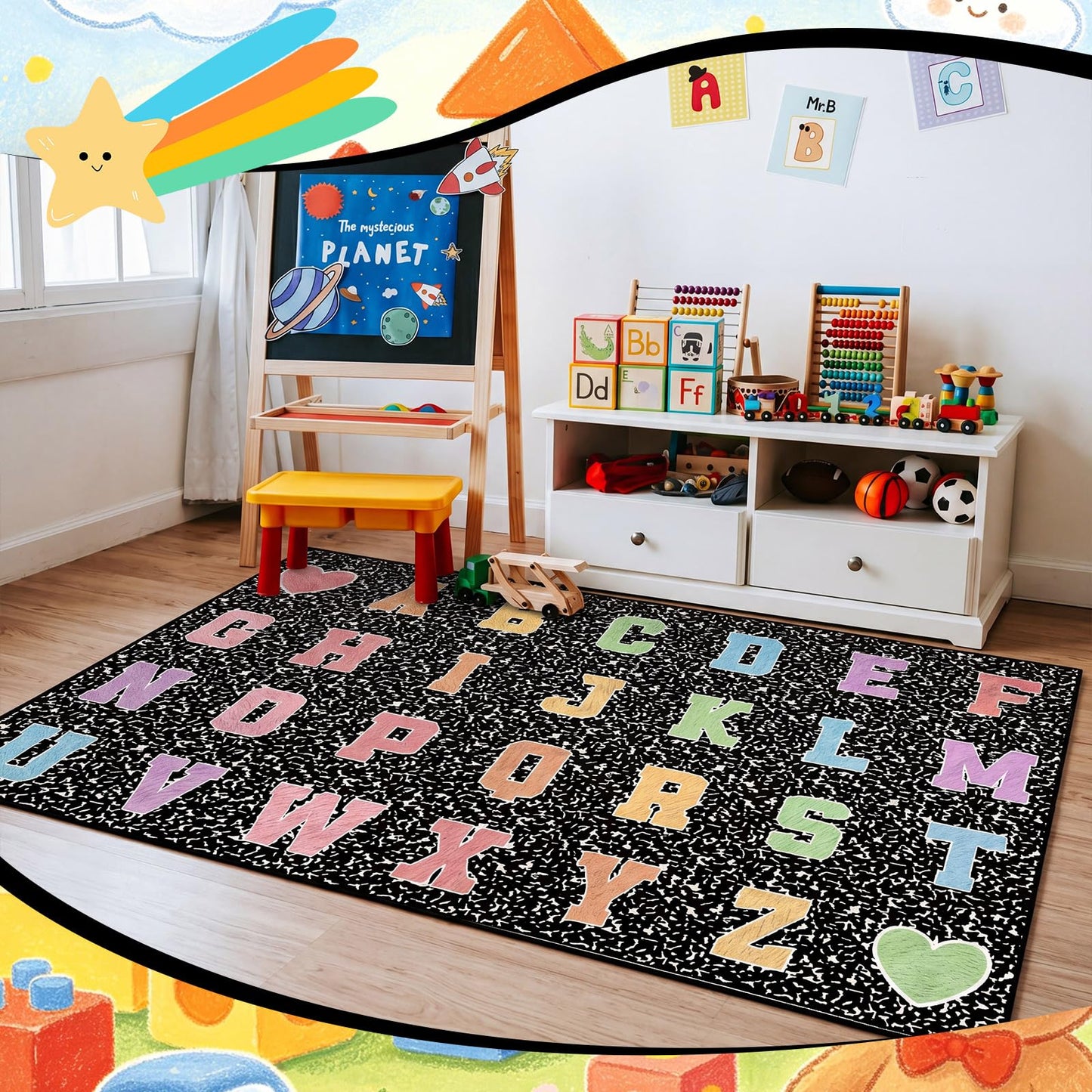 Dunzy 4.92 x 7.55 ft Classroom Rug Composition Notebook Alphabet Rug Pastel Back to School Reading Calming Corner Decor Composition Carpet for Teaching and Playroom