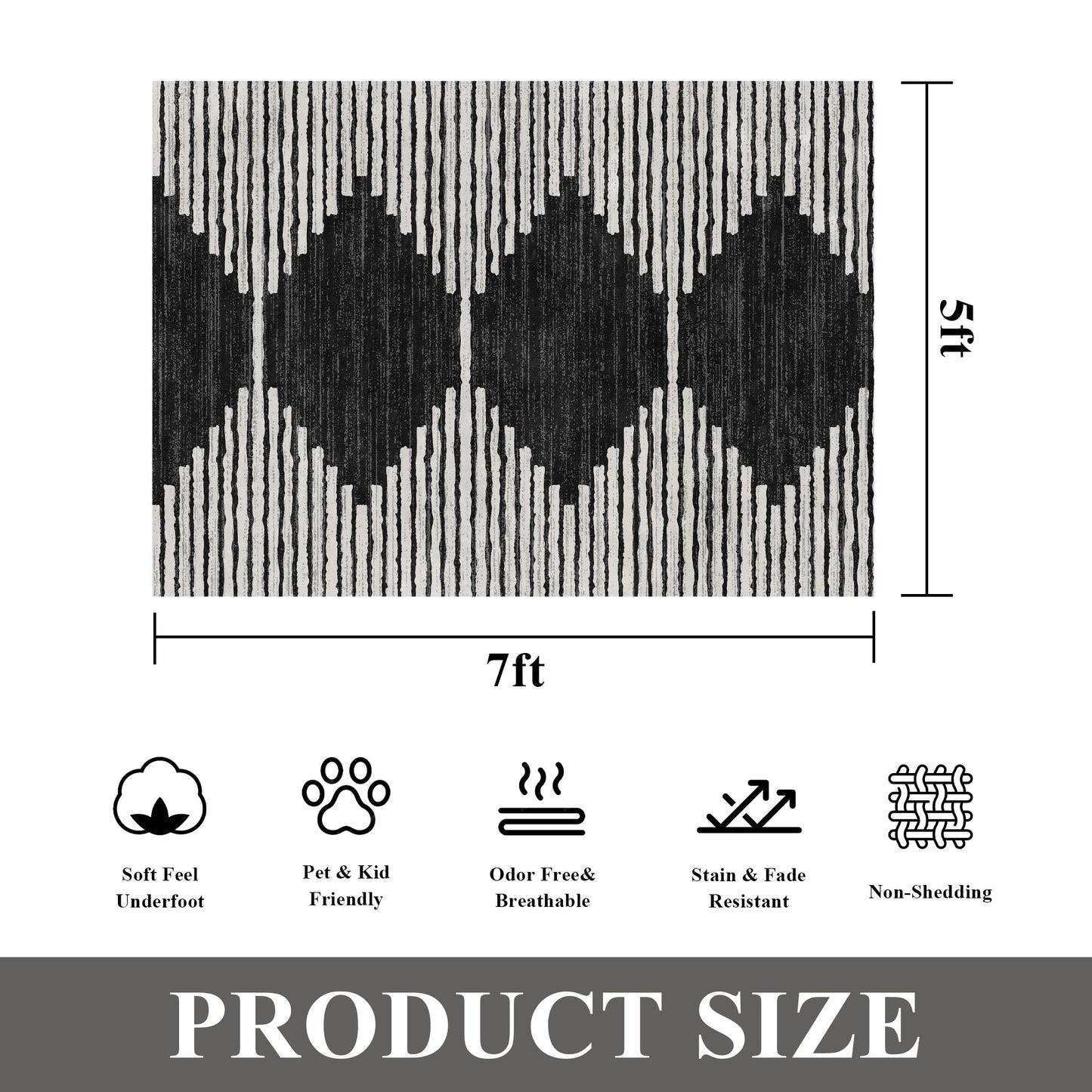 HelloTree Area Rug for Living Room Washable Geometric Moroccan Rug Stripe Farmhouse Bohemian Minimalistic Non Slip Non Shedding Ultra Thin Soft Rug for Bedroom Office DiningRoom Nursery-Black 5'x7'