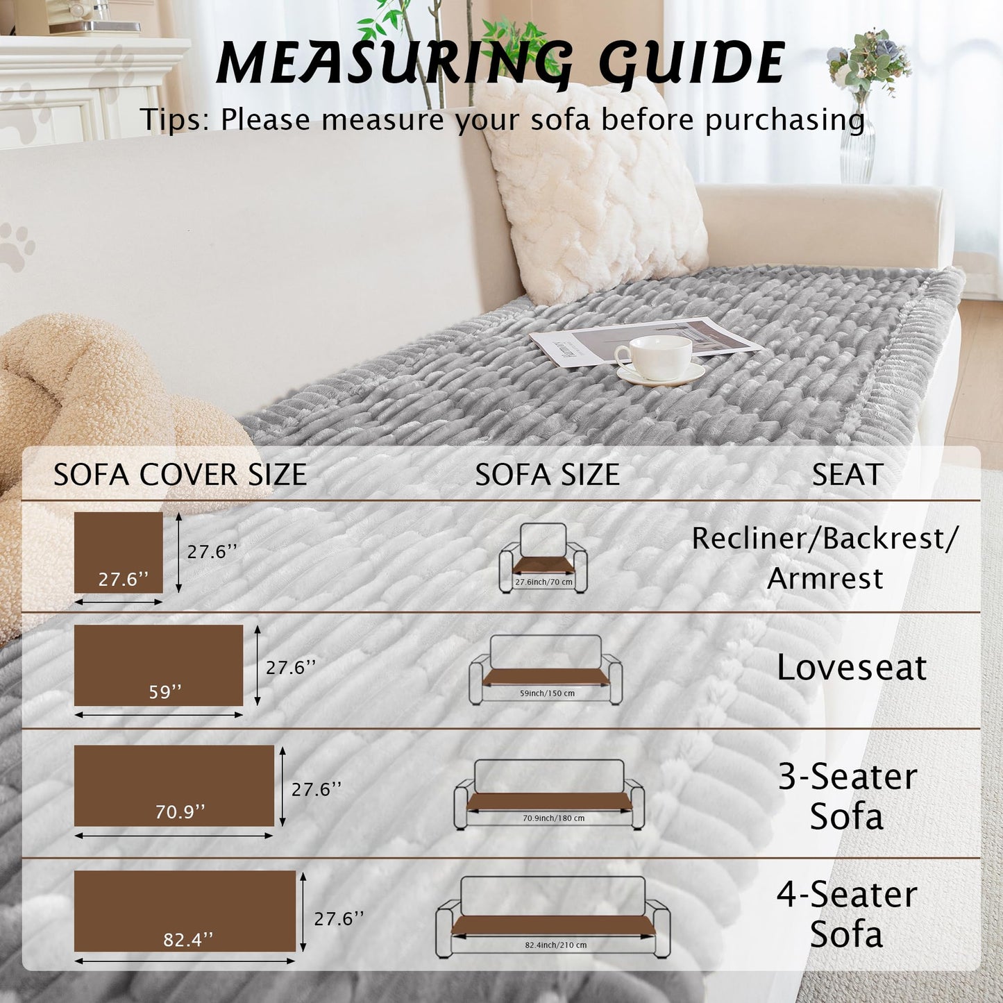 PuTian 100% Waterproof Fuzzy Couch Cover for Dogs Washable Non-Slip Couch Protector Pet Friendly Dog Mat for Couches and Sofas - 27.6''x59'' 70cmx150cm Light Grey