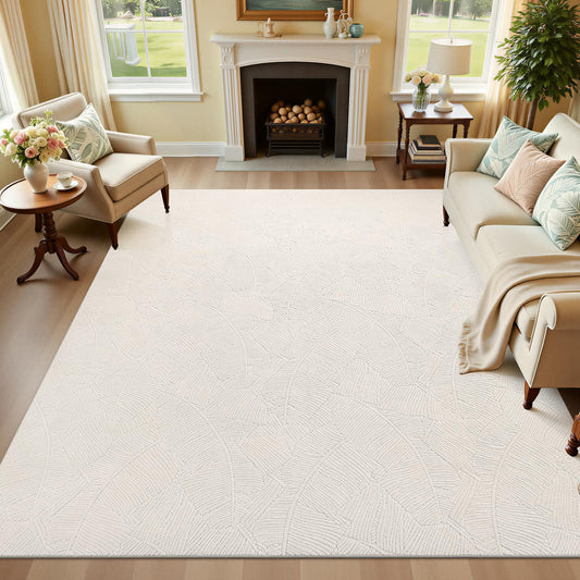 Ileading Washable Area Rug for Living Room 8x10 ft, Beige Soft Fluffy Tropical Leaf Carpet with Non Slip Backing, Low Pile Rugs for Bedroom Dining Room Indoor Home Office