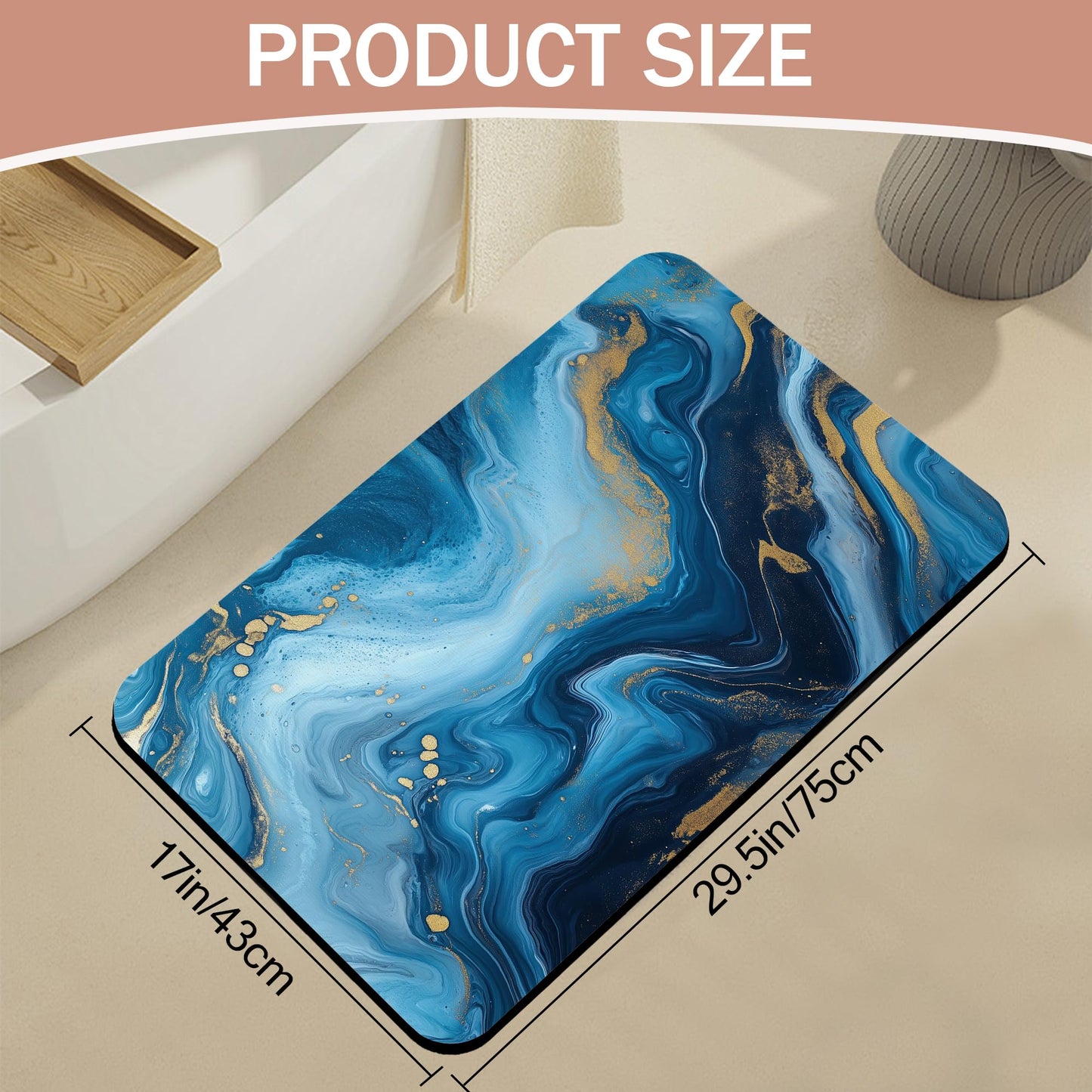 ZTHLL Bath Mat,Blue Gold Flowing Marble Bathroom Rugs,Quick-Drying Non-Slip Rubber Bath Mats Absorbent Diatomaceous Earth Mat for Bathroom Home Decor 17"x29.5"