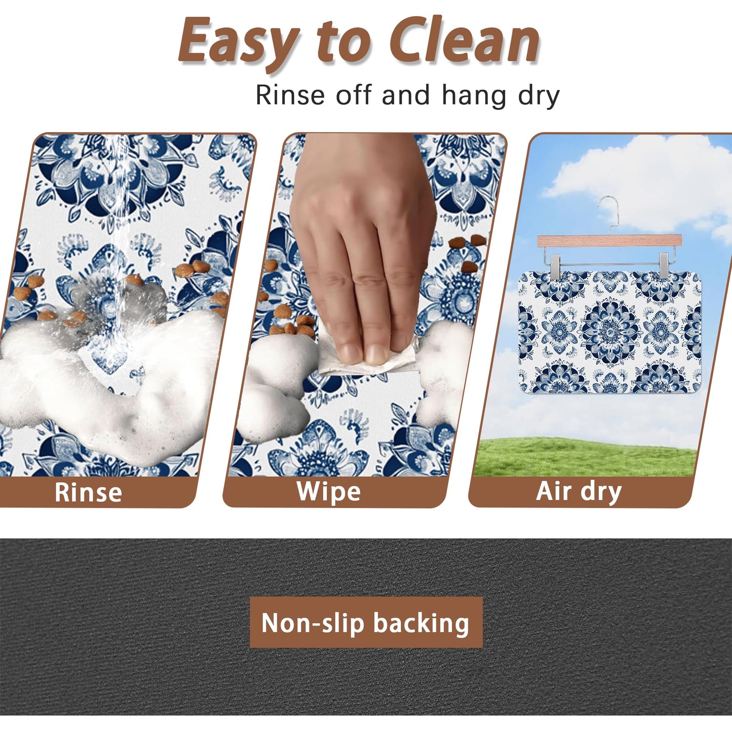 Mandala Flower Dog Food Mat for Floors,Blue Boho Floral Absorbent Quick-Dry Pet Feeding Mat,Cat Dog Bowl Mats for Food and Water,Non-Slip Pet Accessories Supplies 12"x20"