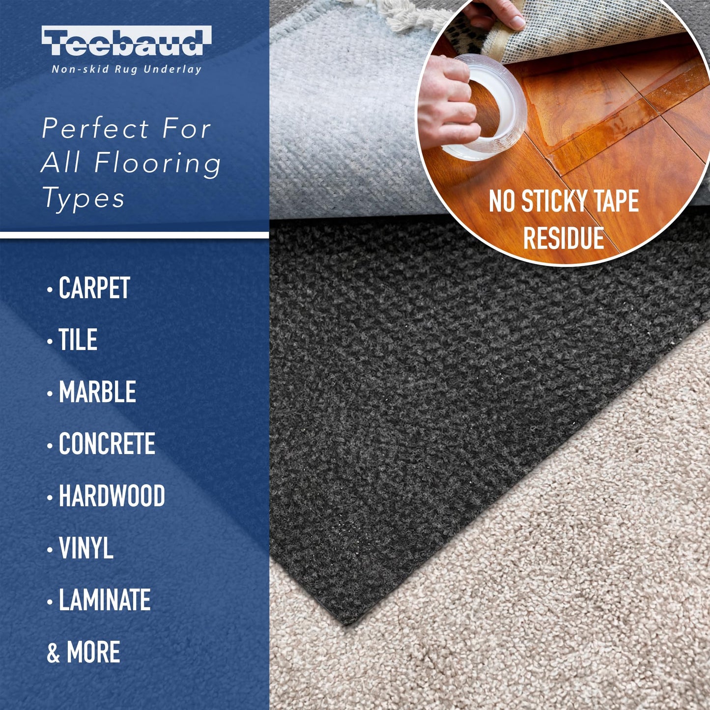 Teebaud 2' x 8' Non-Slip Rug Pad, Reversible Gripper, Non Skid Pads for Hardwood, Vinyl, Tile, Laminate Floors, Keep Area Rugs Secure, Natural Materials Safe for Indoor Flooring, ¼” Thick