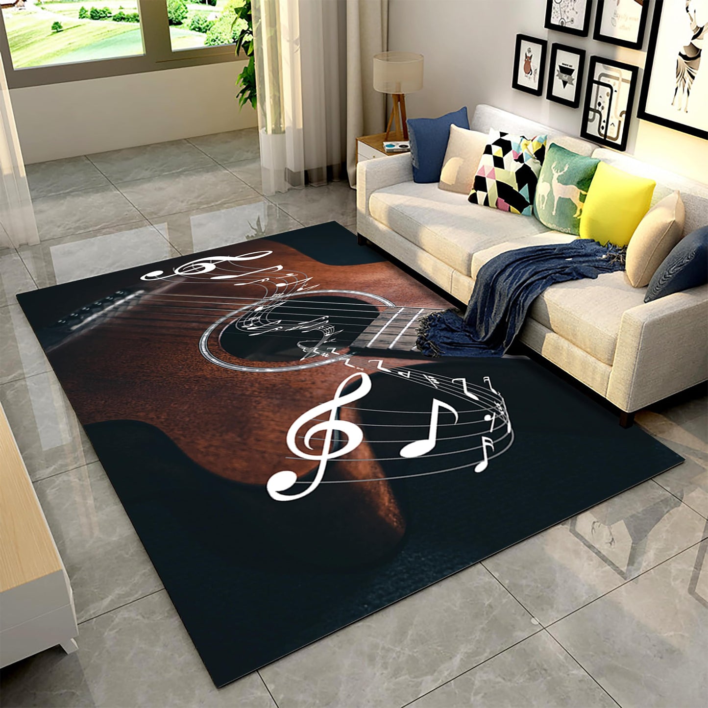 Guitar Print Indoor Rug, 5x7ft, Music Instrument Guitar Floor Rugs, Soft Durable Fade Resistant Machine Washable Carpet, with Non Slip Backing Non Slip Rugs for Family Living Room