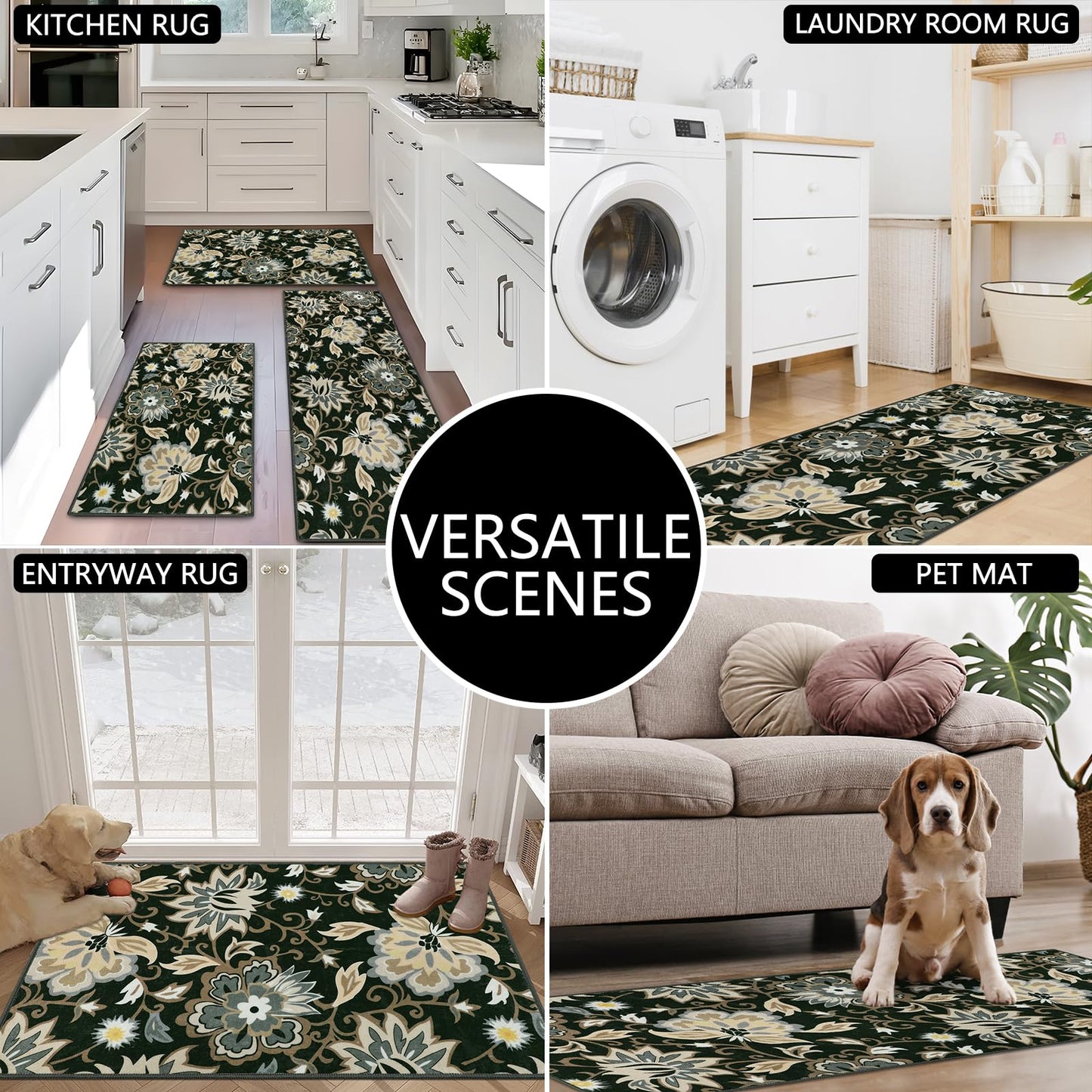 Homcomoda Boho 3 Piece Rug Set with Runner - Non Slip Floor Mats, Washable Kitchen Carpet Runner for Laundry, Hallway