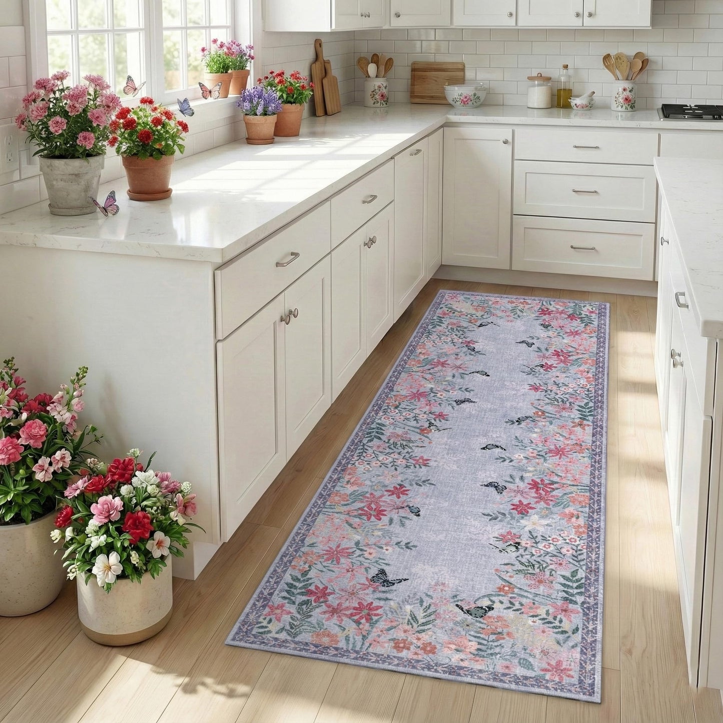 Purple 3x12 Runner Rug for Hallways Bed Side Kitchen, Boho Washable Low-Pile Floor Entryway Long Bathroom Mat, Non-Slip Laundry Room Washstand Front Carpet 36x144 Inch