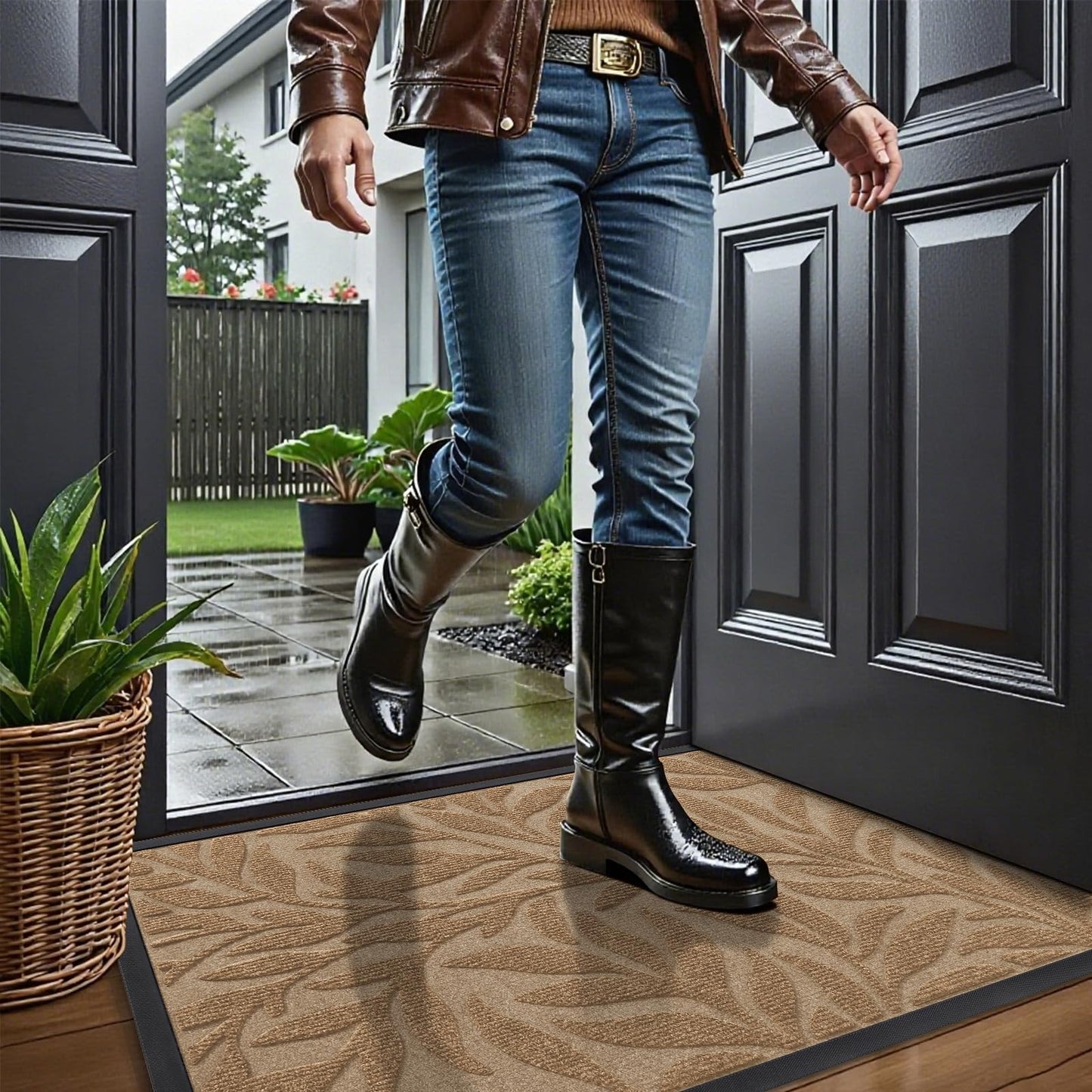 Smiry Front Door Mat Indoor Outdoor Entrance, Heavy Duty Natural Rubber, Trap Dirt and Moisture, Non-Slip Doormats, Low Profile, Easy Clean Patio Porch Entryway Mat, 29.5x17, Coffee
