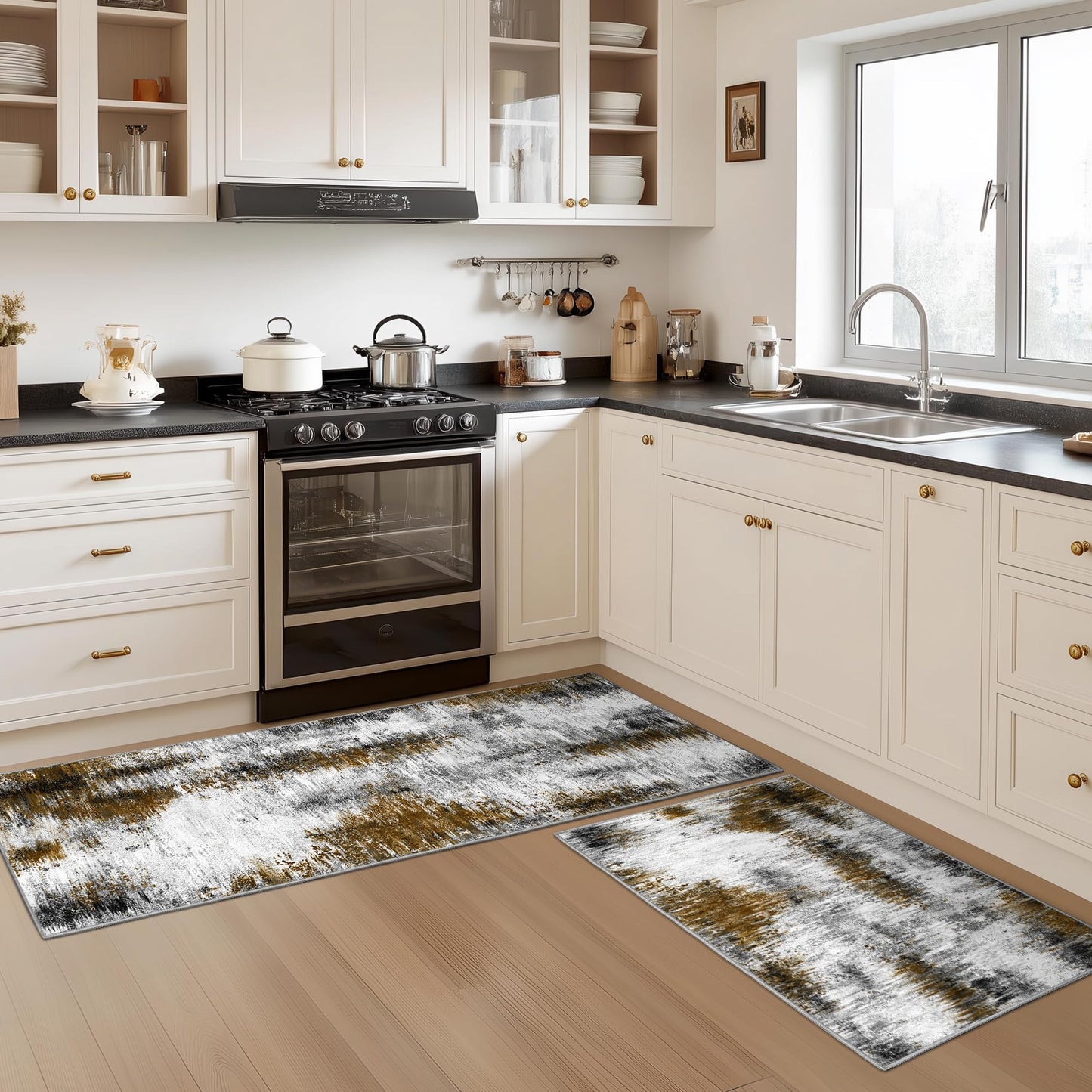 Tritard Upgrade Non Slip Kitchen Rugs Sets of 3 Washable Kitchen Mats for Floor Abstract Kitchen Runner Rug Soft Floor Mat Set Kitchen Carpet Rugs for Hallway, Laundry, Entryway, Office, Grey Brown